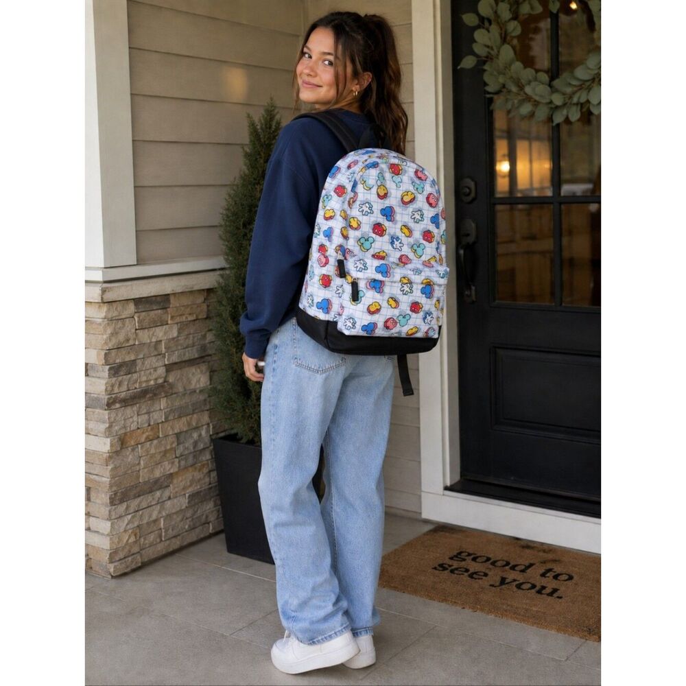 Mickey Mouse Disney White Backpack with Blue, Red, Yellow, Pink, Green Icons NWT